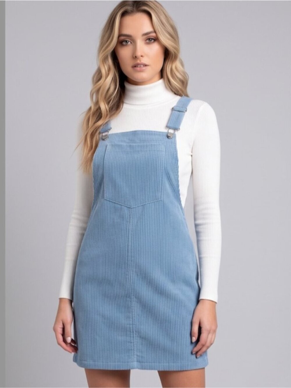 Pocket Patched Corduroy Overall Dress Blue